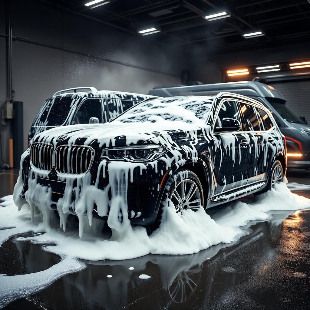 Luxury SUV covered in foam suds during a mobile detailing wash